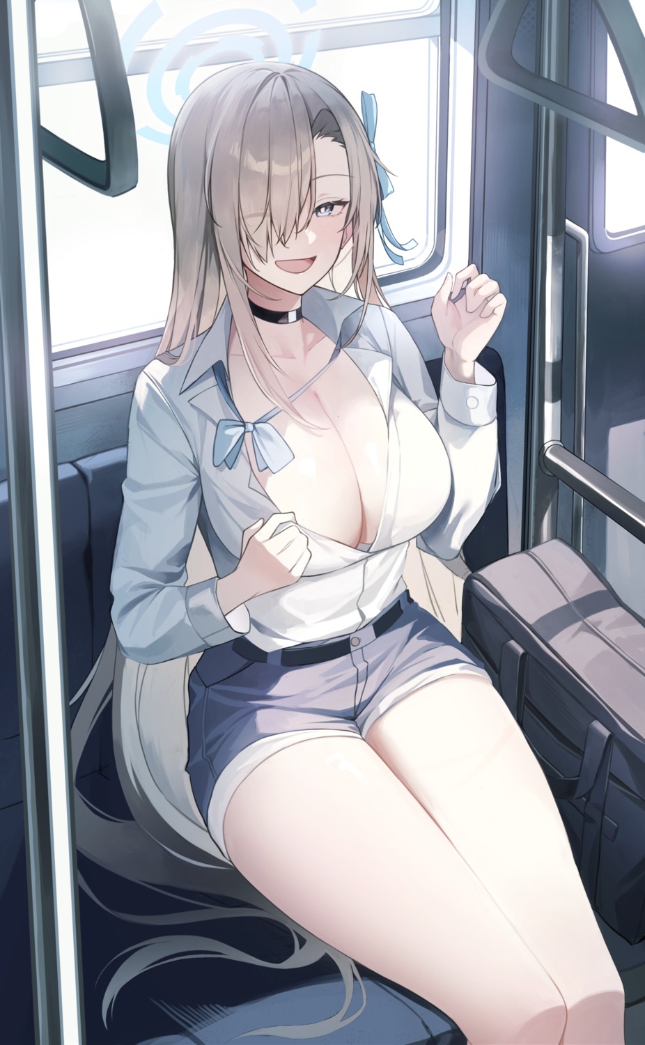 blue_archive dress_shirt halo ichinose_asuna no_bra open_shirt siwa_(st_ekfrlfkep) undressing