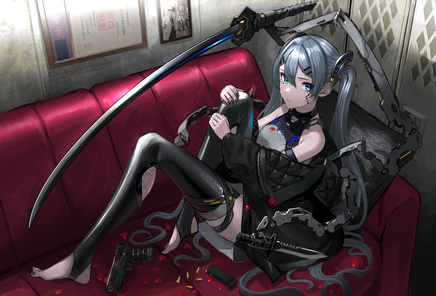 asagon007 gun mecha_musume sword tattoo thighhighs