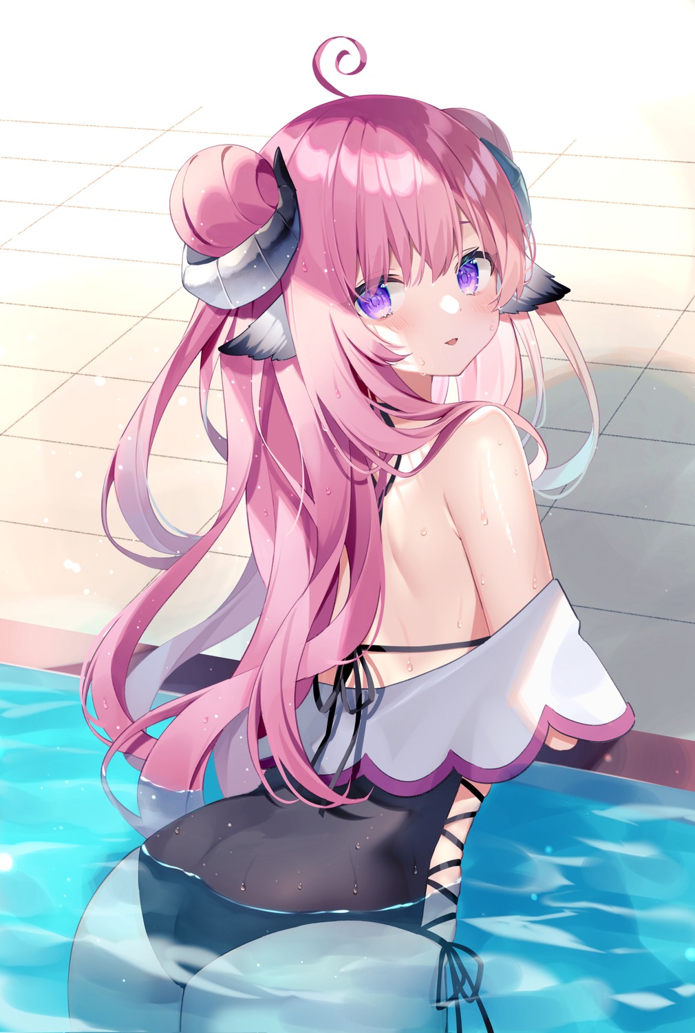 animal_ears ass horns ragi_(diabolik_angle) swimsuits wet