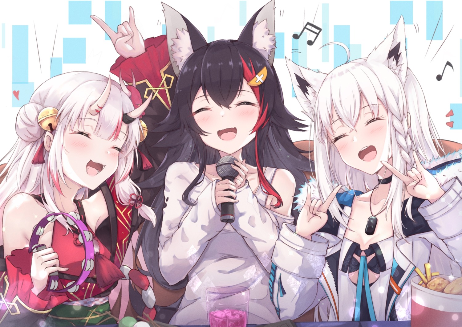 animal_ears bra cleavage hakuya_(white_night) hololive hololive_gamers japanese_clothes kitsune nakiri_ayame ookami_mio shirakami_fubuki