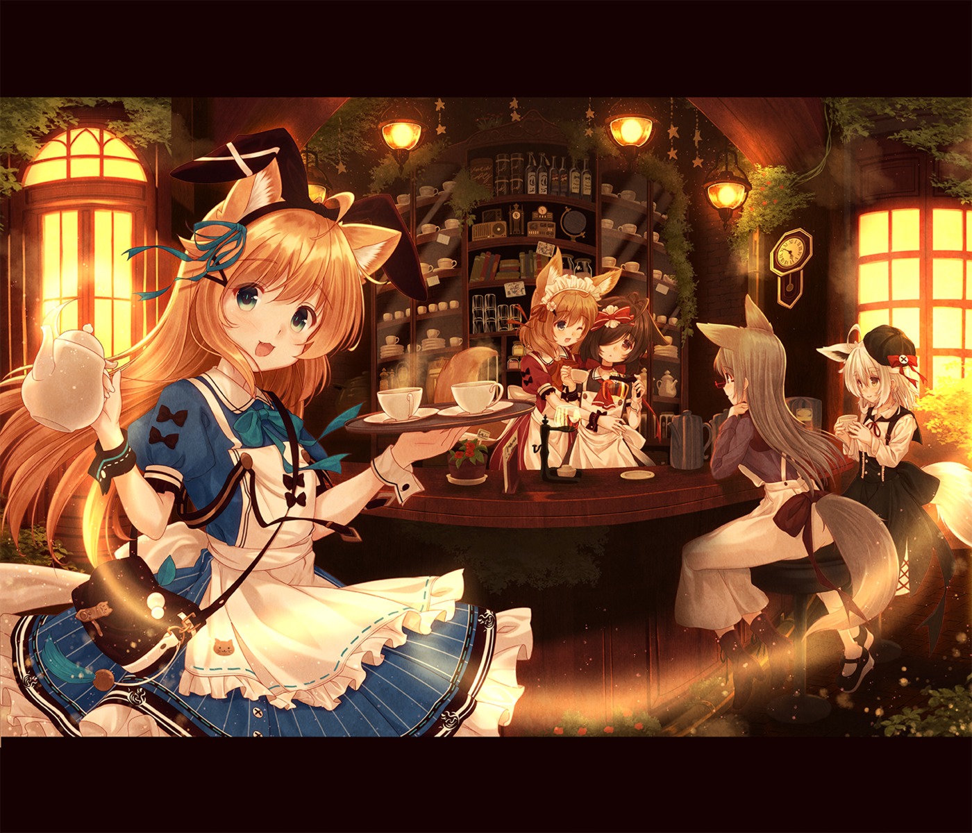 animal_ears bunny_ears kitsune maid misaki_yuu nekomimi tail waitress