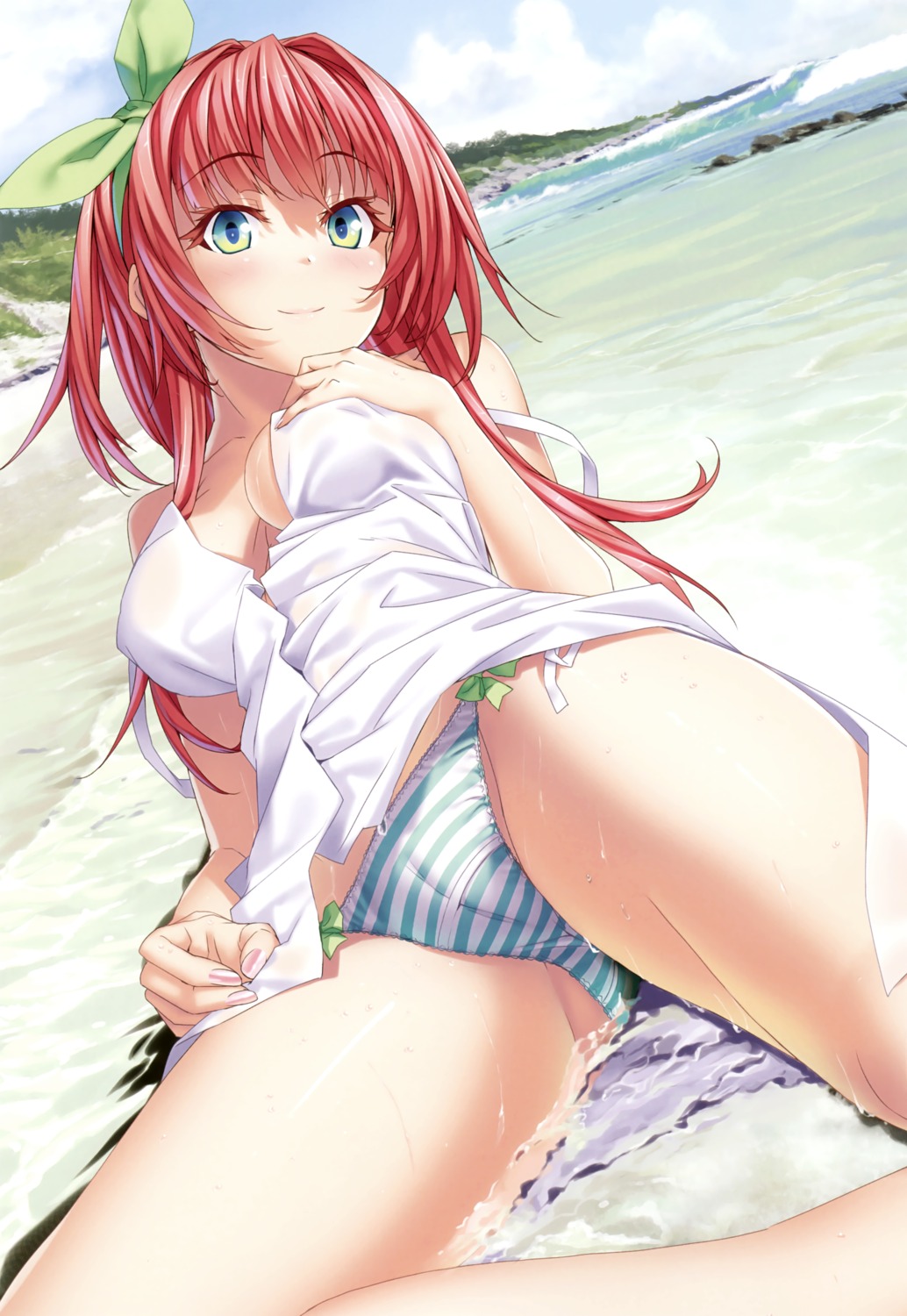 breast_hold cameltoe kannatsuki_noboru no_bra open_shirt pantsu shimapan wet