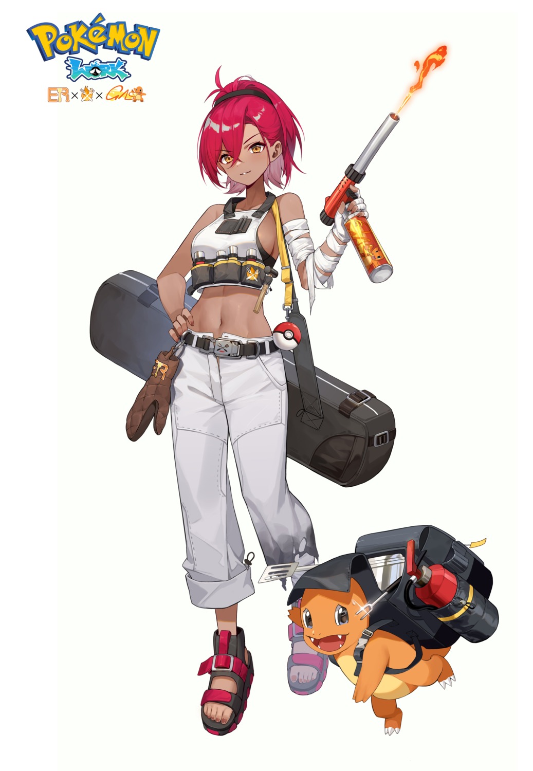 bandages charmander eir no_bra pokemon torn_clothes weapon