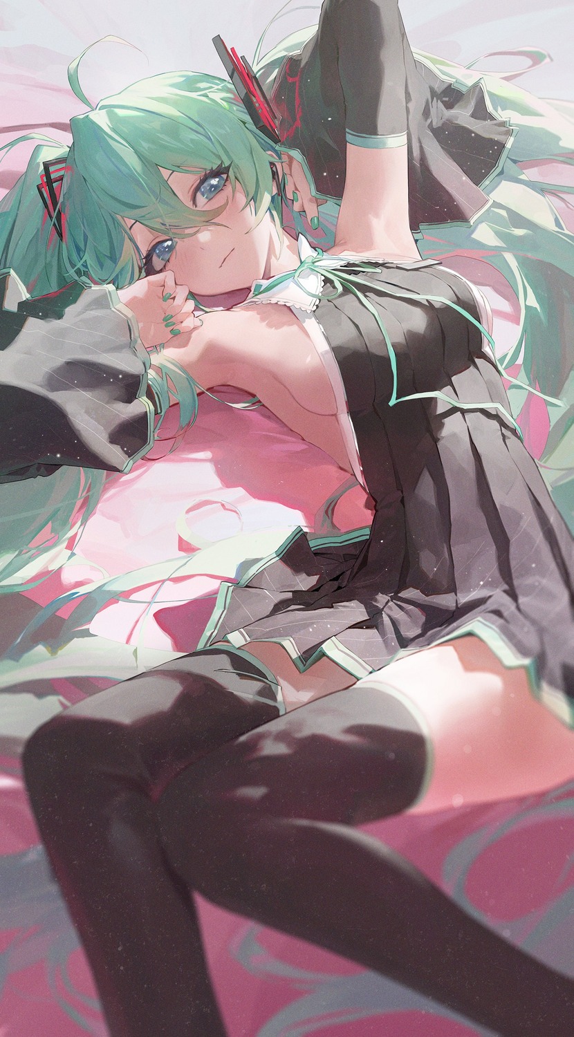 hatsune_miku mossi no_bra thighhighs vocaloid