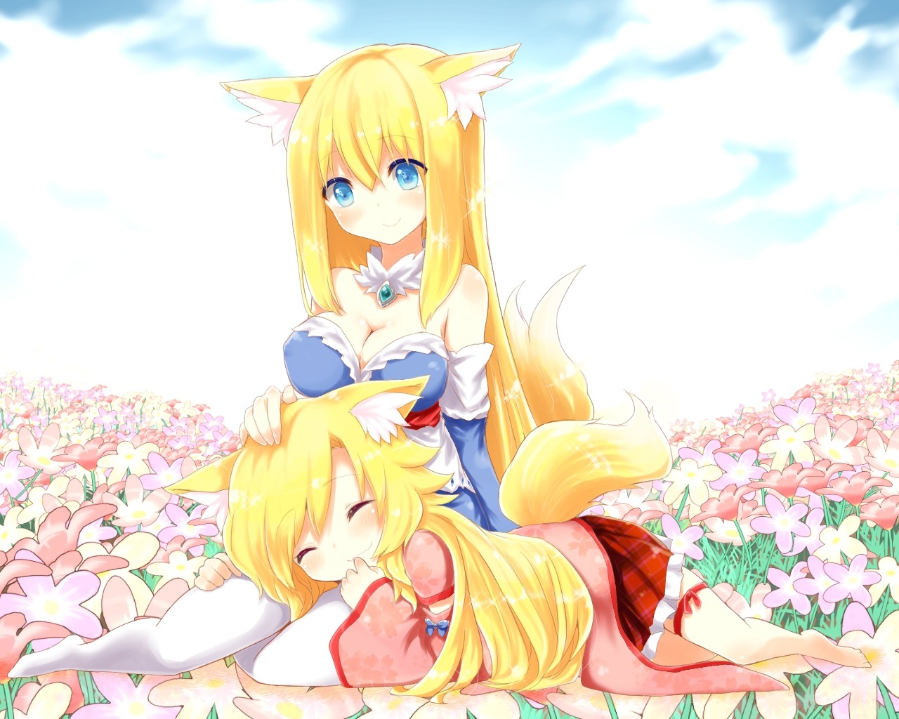 animal_ears cleavage garter kitsune naomi_(sekai_no_hate_no_kissaten) tail wallpaper