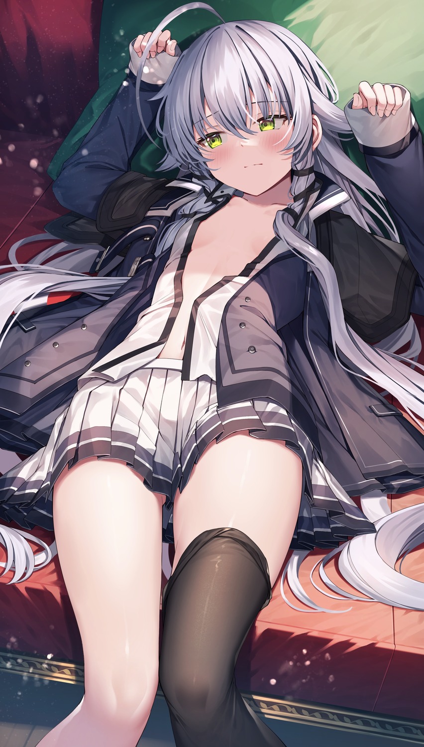 altina_orion eiyuu_densetsu eiyuu_densetsu:_sen_no_kiseki gurasion no_bra open_shirt seifuku thighhighs