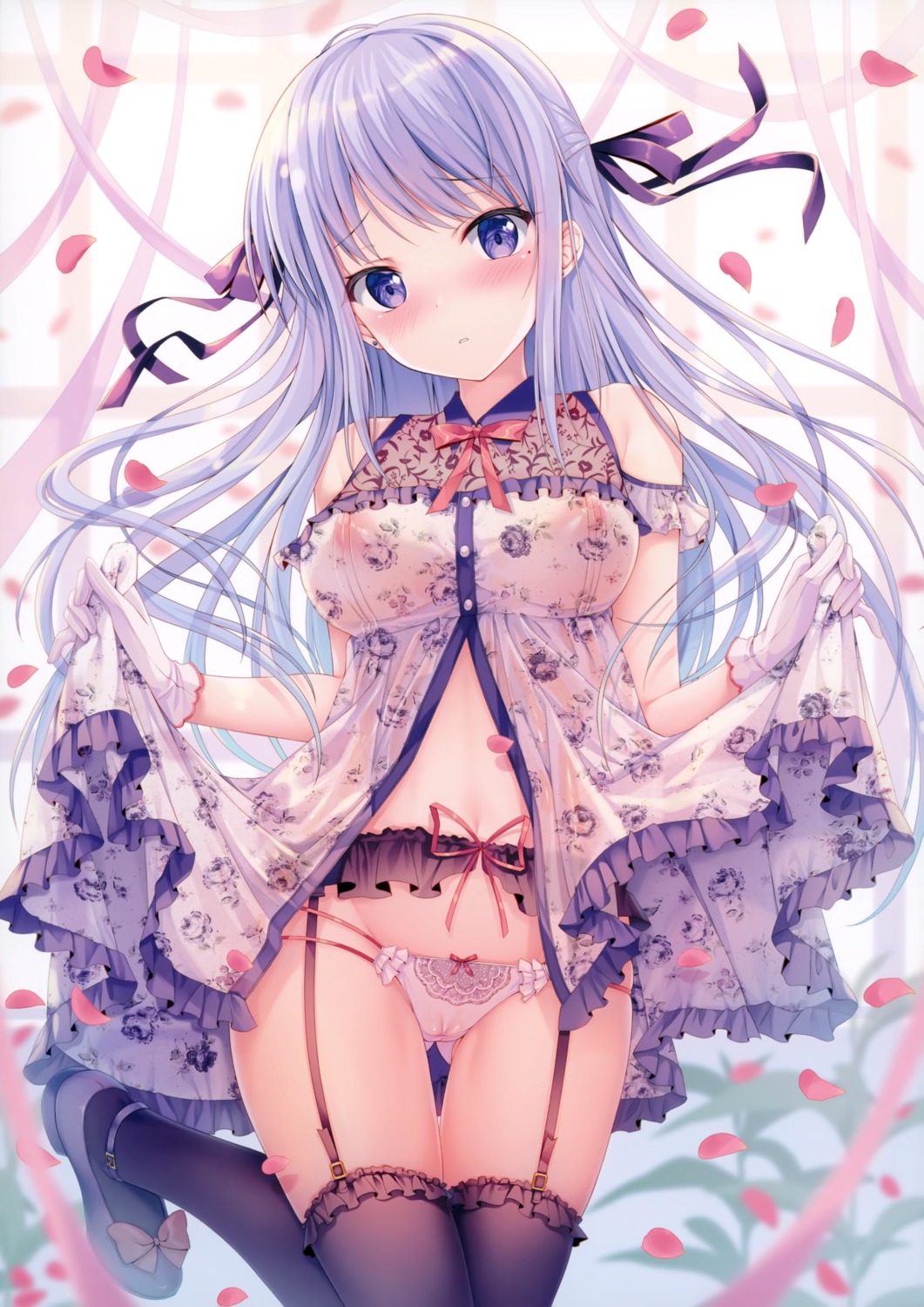 cameltoe dress garter_belt heels hiiragi_asuka_(twinbox) nipples no_bra pantsu see_through skirt_lift stockings thighhighs twinbox twinbox_(circle) twinbox_school