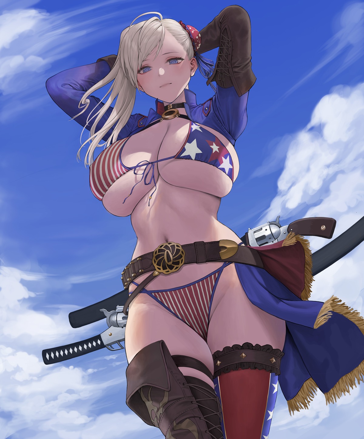 bikini fate/grand_order garter janggun miyamoto_musashi_(fate) swimsuits sword thighhighs