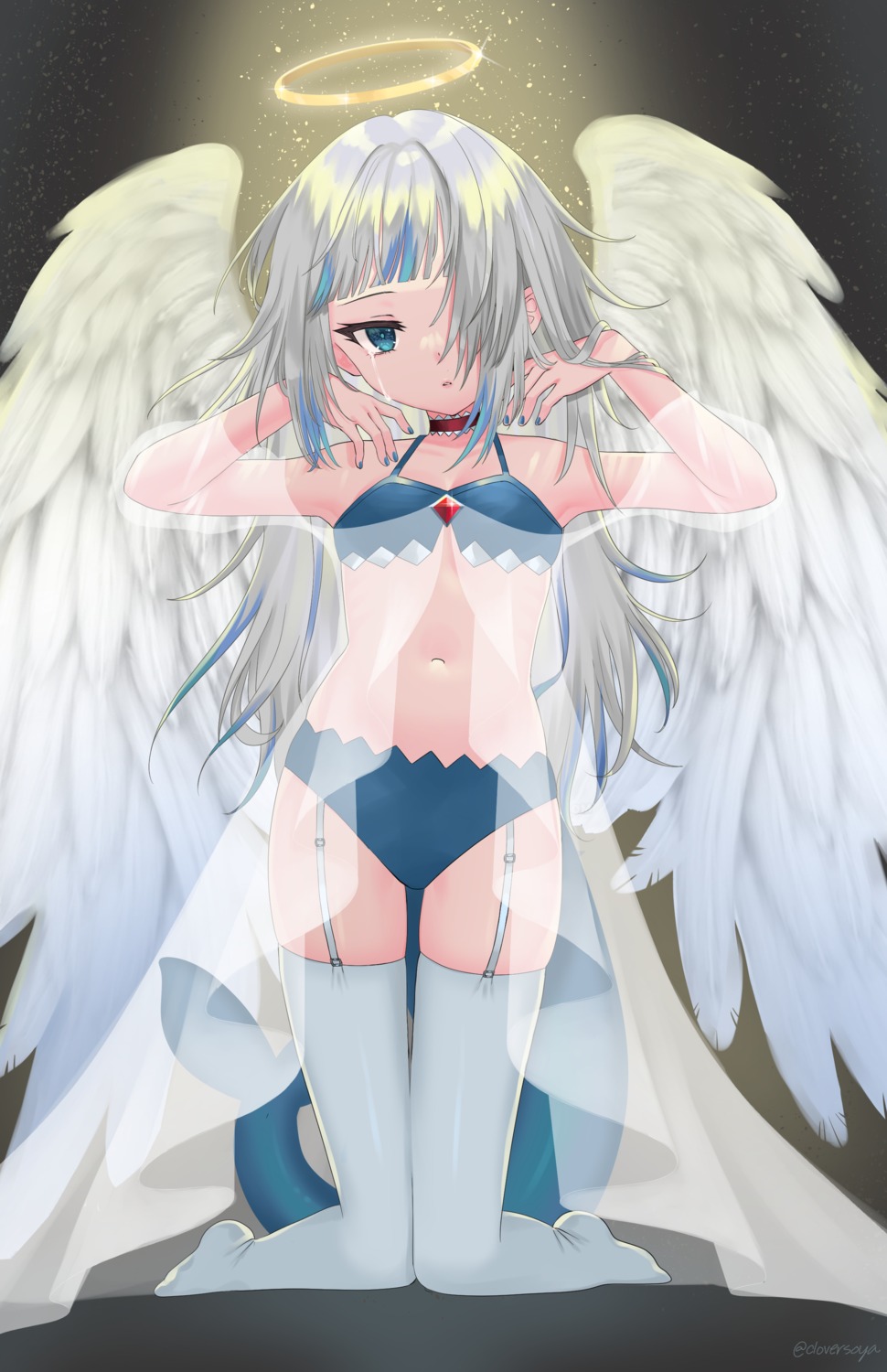 angel bra clover_(cloversoya) gawr_gura hololive hololive_english lingerie pantsu see_through stockings tail thighhighs wings