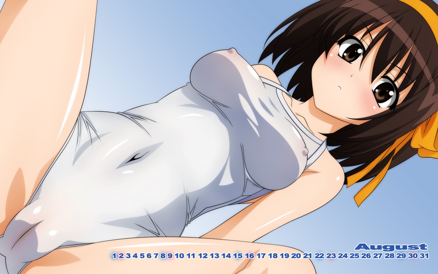 calendar cameltoe erect_nipples over_drive school_swimsuit suzumiya_haruhi suzumiya_haruhi_no_yuuutsu swimsuits wallpaper wave_ride