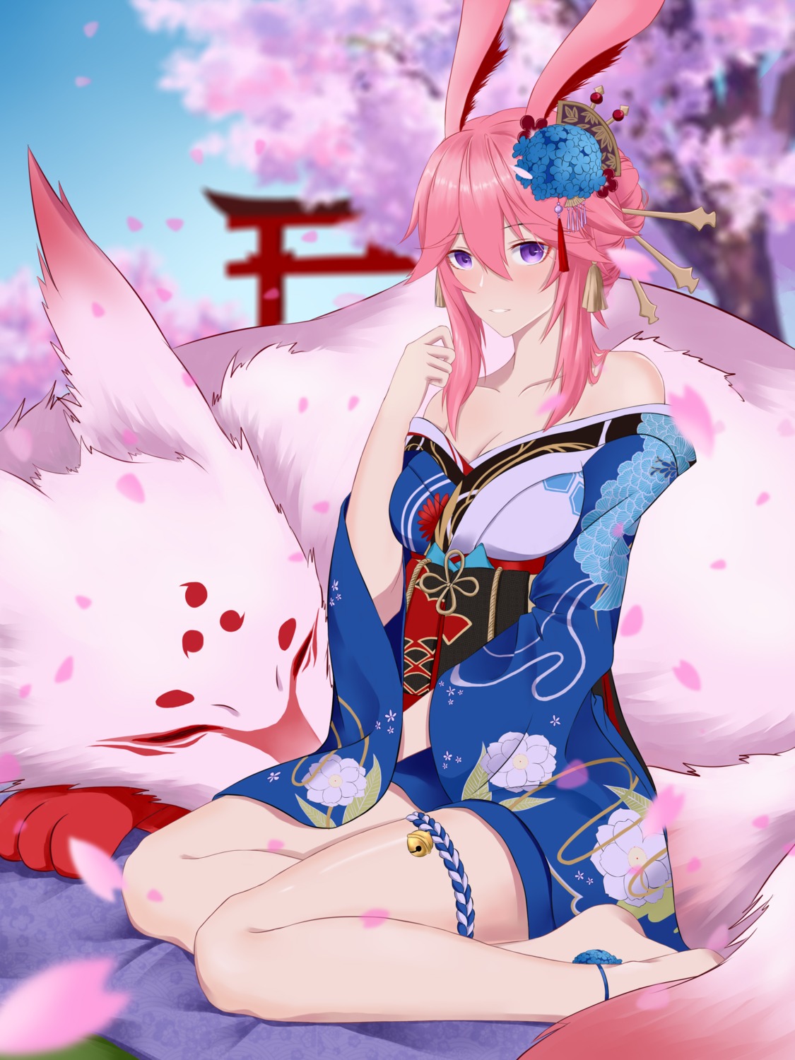 animal_ears benghuai_xueyuan bunny_ears cleavage frozen-sad garter japanese_clothes no_bra open_shirt yae_sakura_(benghuai_xueyuan)