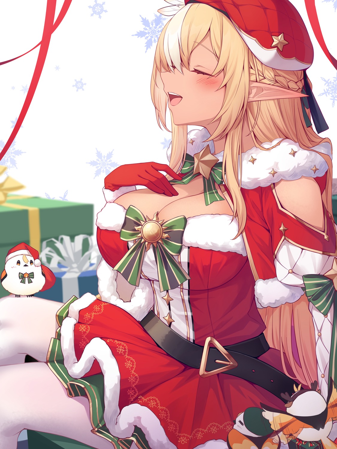 christmas dress elf hololive no_bra pantyhose pointy_ears shiranui_flare tangdu