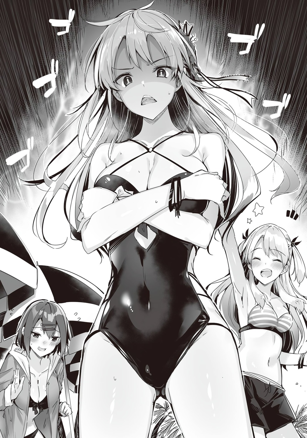 bikini breast_hold cleavage kakao kawaii_onna_no_ko_ni_kouryaku_sareru_no_wa_suki_desu_ka? monochrome nanjou_kisa nanjou_midzuki open_shirt swimsuits