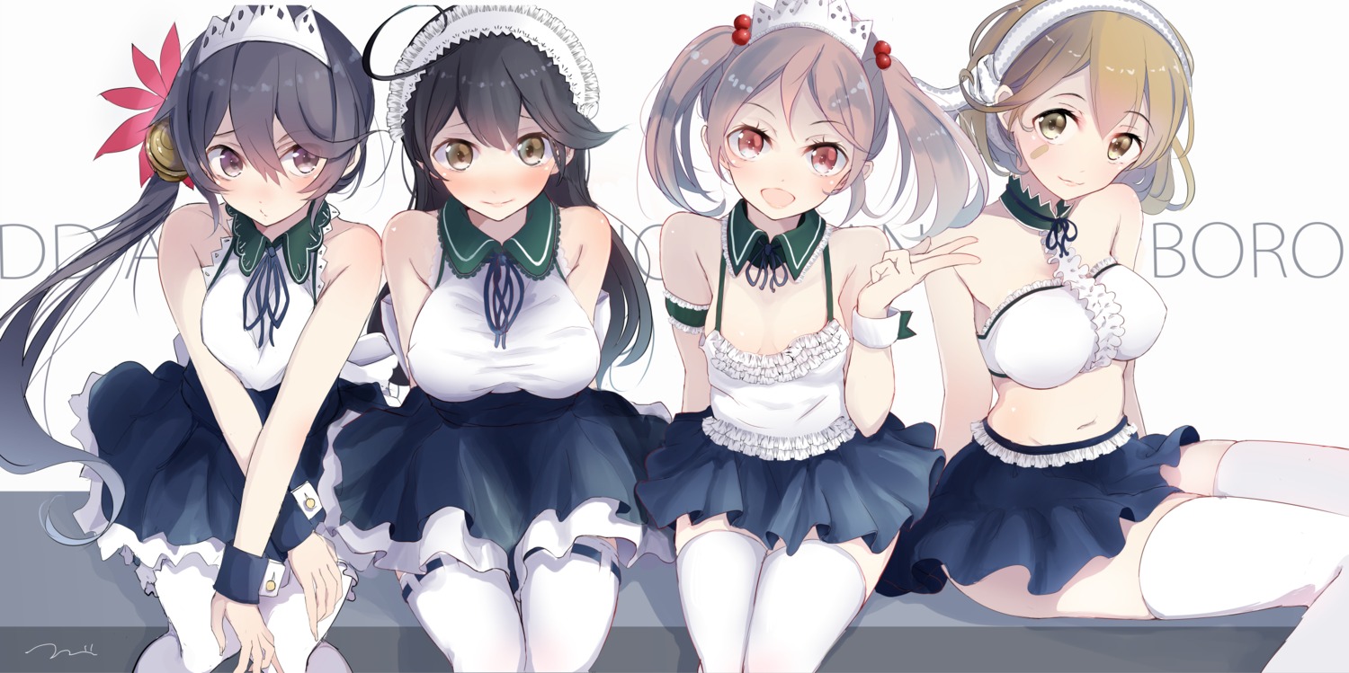 akebono_(kancolle) aliasing bandaid cleavage kantai_collection maid oboro_(kancolle) sazanami_(kancolle) tbd11 thighhighs ushio_(kancolle)