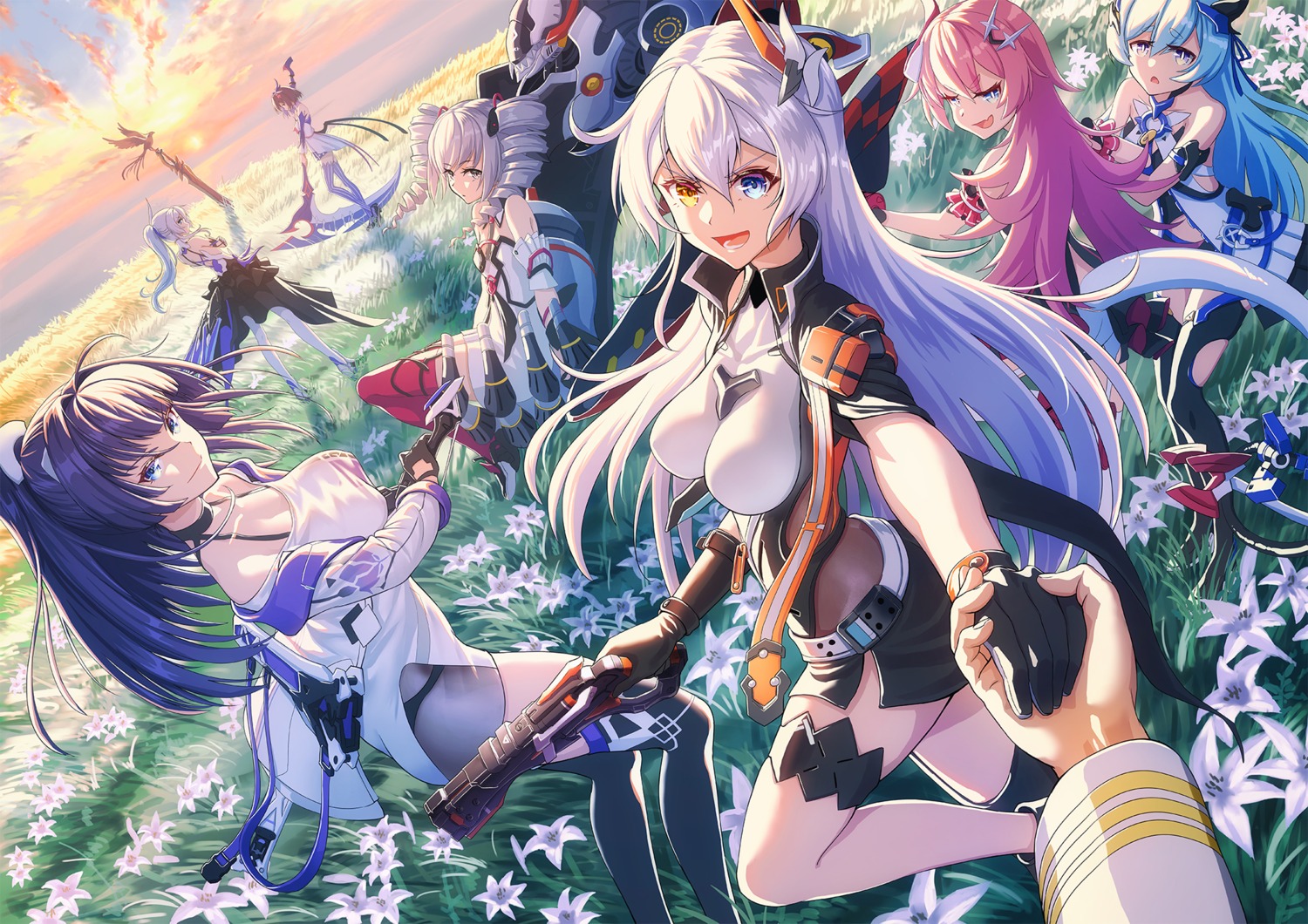 benghuai_xueyuan bronya_zaychik garter gotointhepark gun heterochromia honkai_impact kiana_kaslana liliya_olenyeva raiden_mei rita_rossweisse rozaliya_olenyeva thighhighs weapon