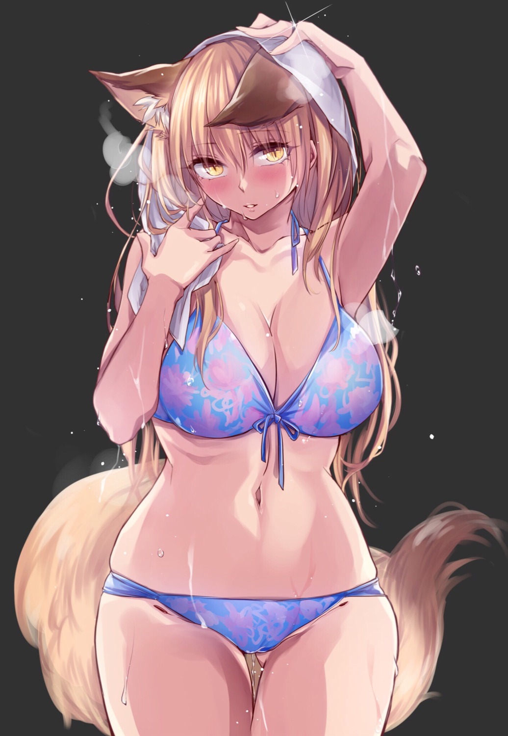 animal_ears bikini cameltoe cleavage kitsune shizu-chan swimsuits tail towel wet yukibuster