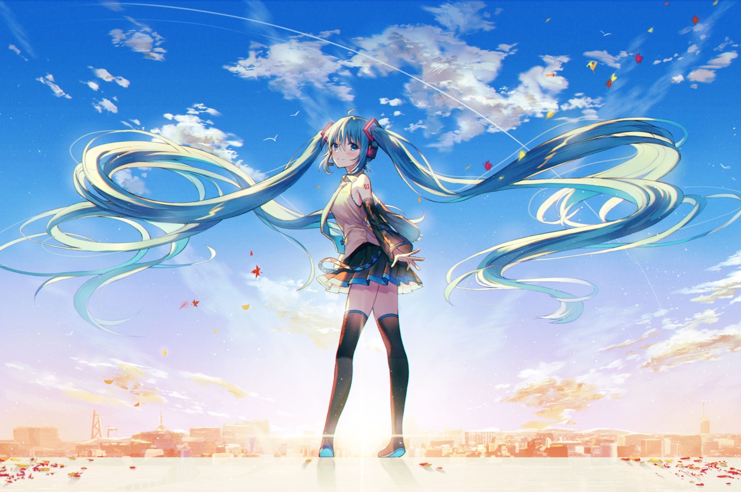 hatsune_miku headphones kh_(kh_1128) landscape tattoo thighhighs vocaloid