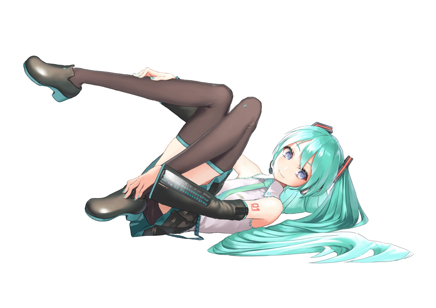 hatsune_miku headphones heels rsk_(tbhono) skirt_lift tattoo thighhighs vocaloid