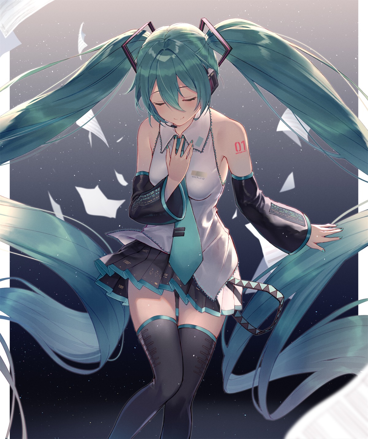 arl hatsune_miku headphones skirt_lift tattoo thighhighs vocaloid