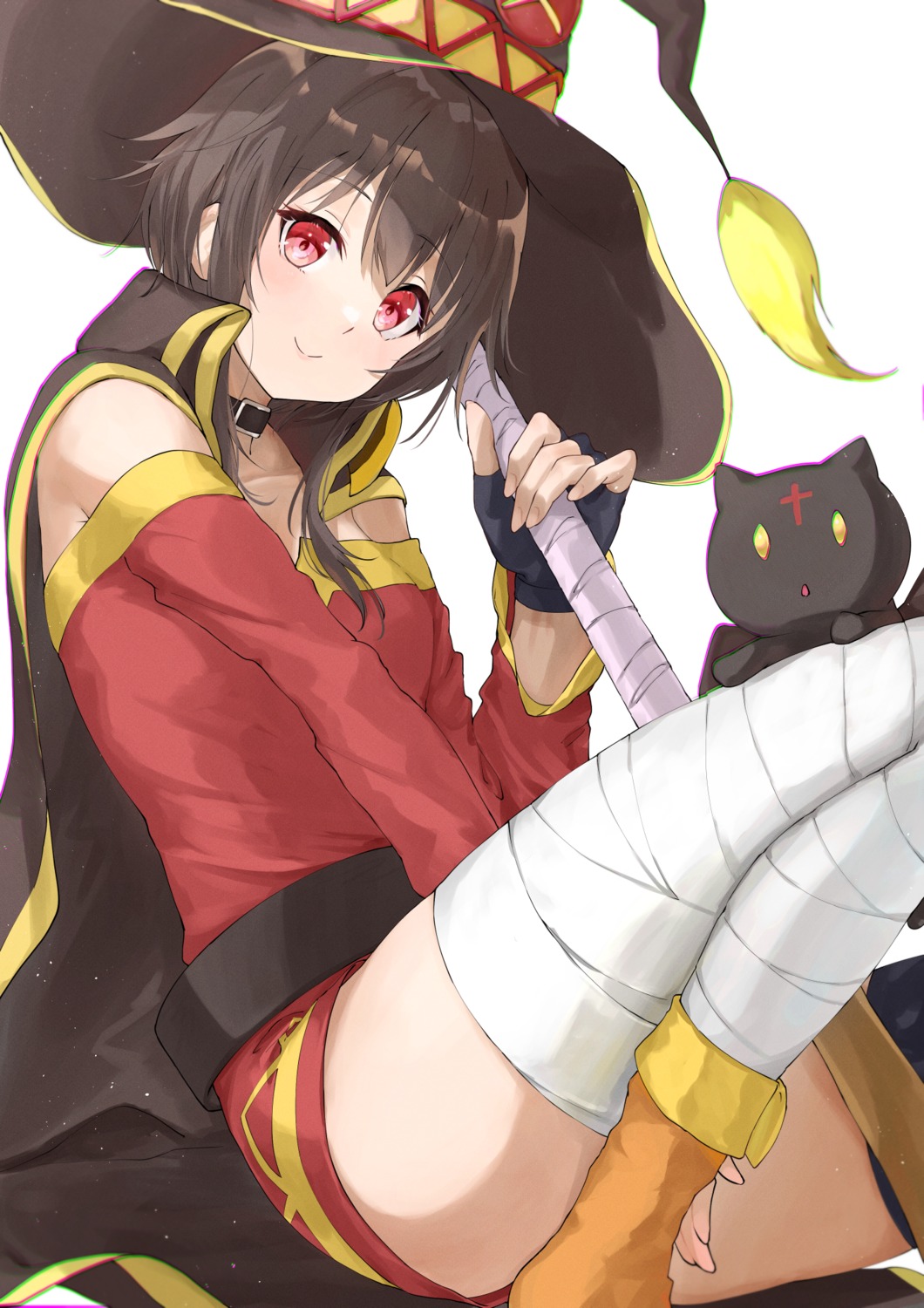 bandages chomusuke dress kono_subarashii_sekai_ni_shukufuku_wo! meen_(ouaughikepdvrsf) megumin neko no_bra open_shirt skirt_lift thighhighs weapon witch