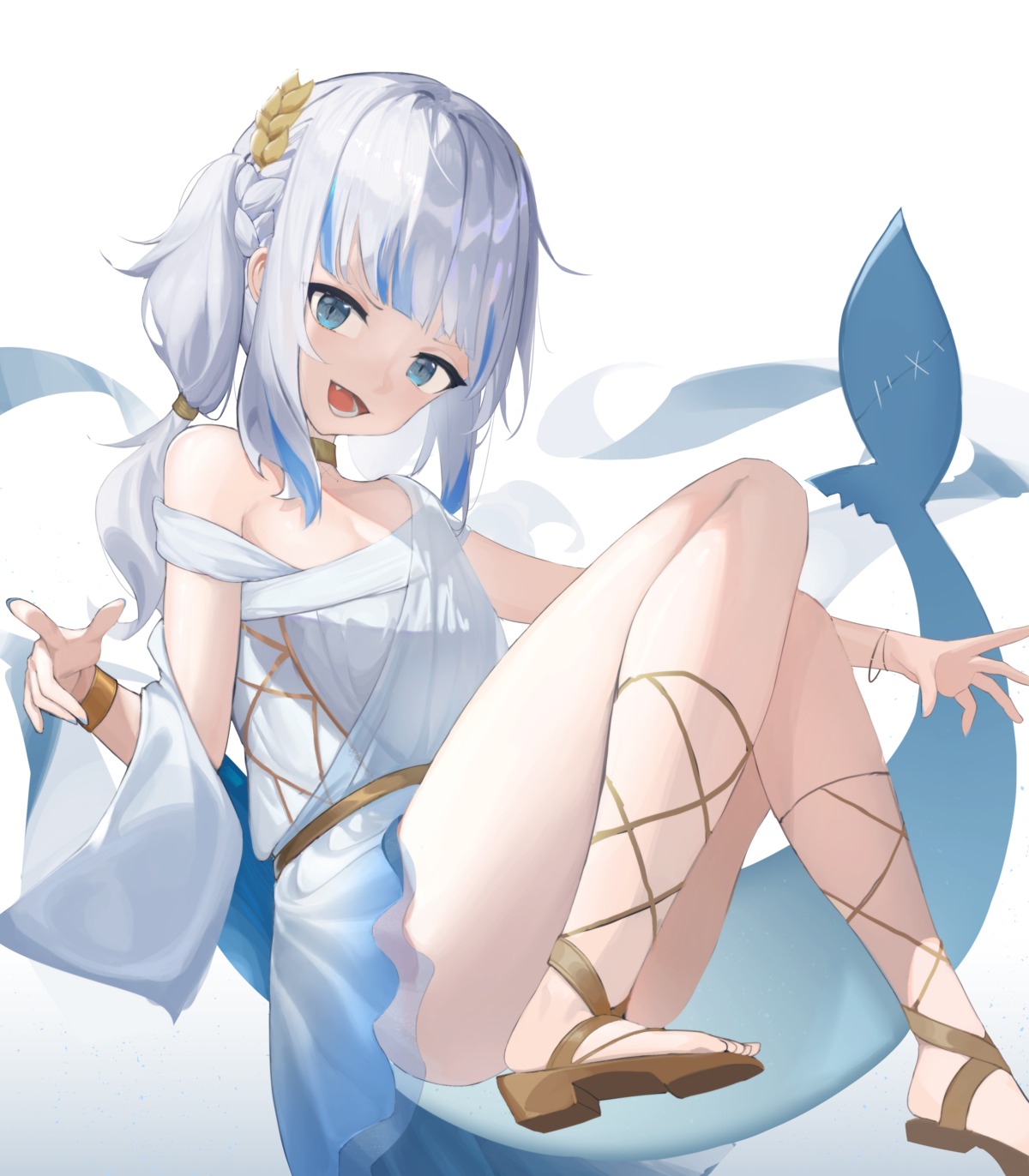 dress gawr_gura hololive hololive_english no_bra oiru_(fattyoils) see_through skirt_lift tail