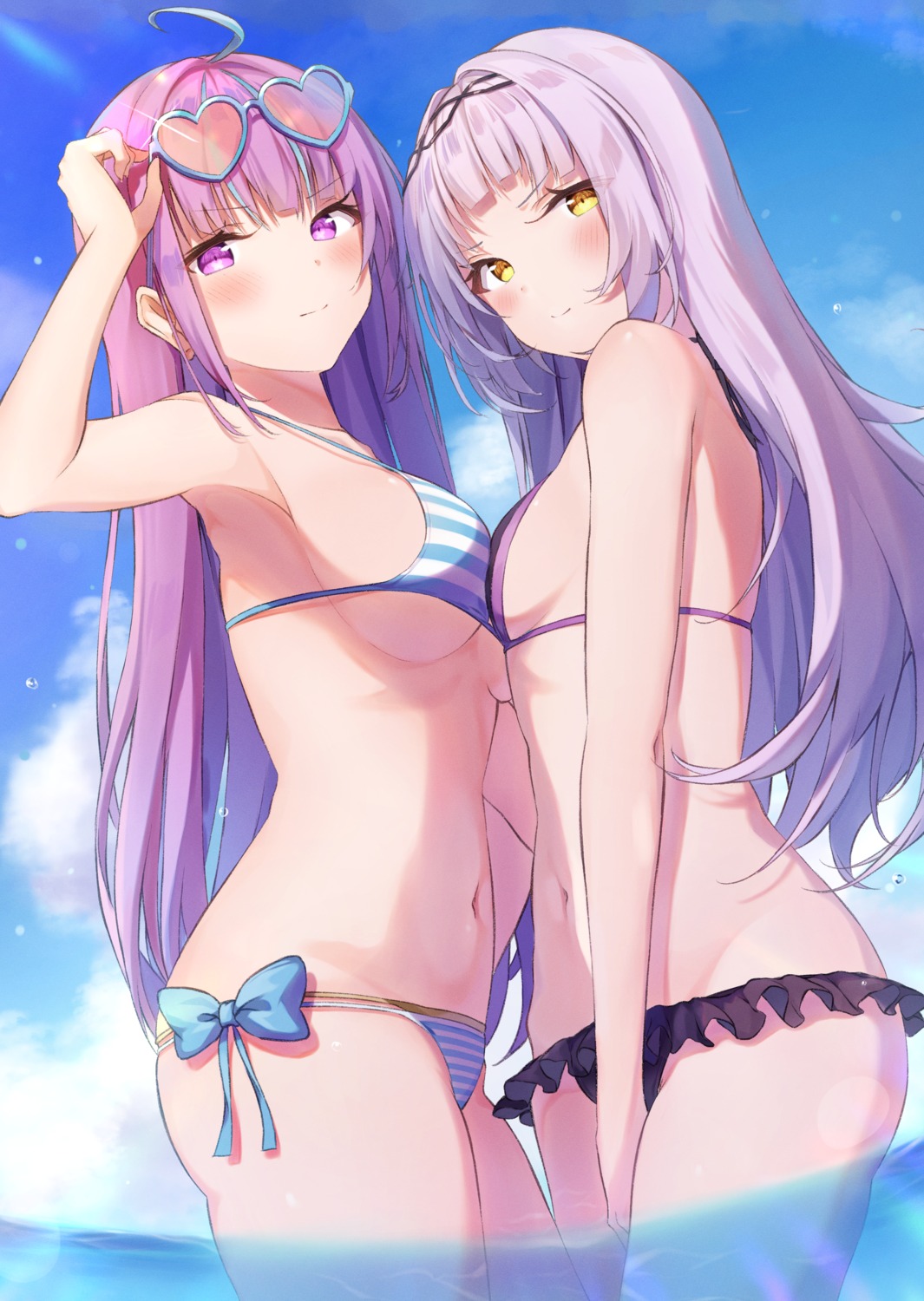 bikini hololive megane minato_aqua murasaki_shion swimsuits symmetrical_docking taracomax wet