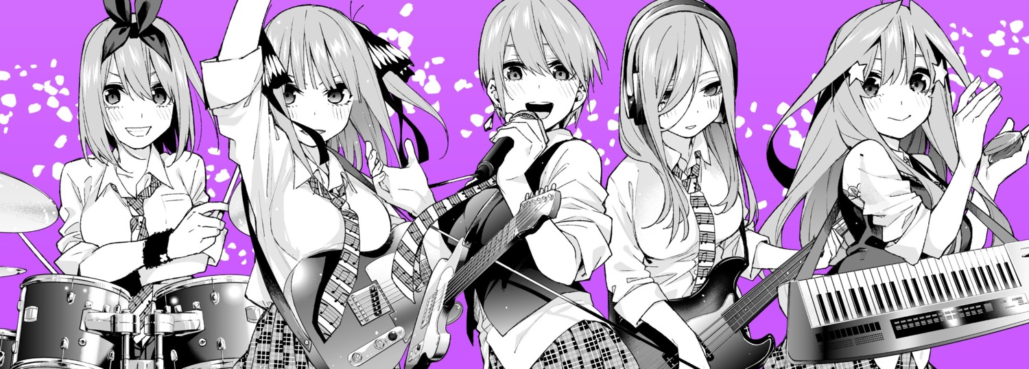 5-toubun_no_hanayome breast_hold guitar haruba_negi headphones monochrome nakano_ichika nakano_itsuki nakano_miku nakano_nino nakano_yotsuba seifuku