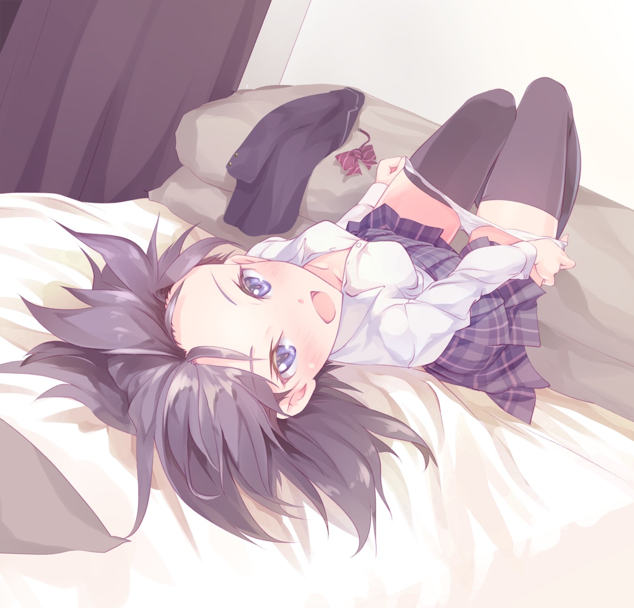 harusame_yuuki open_shirt pantsu panty_pull seifuku skirt_lift thighhighs undressing