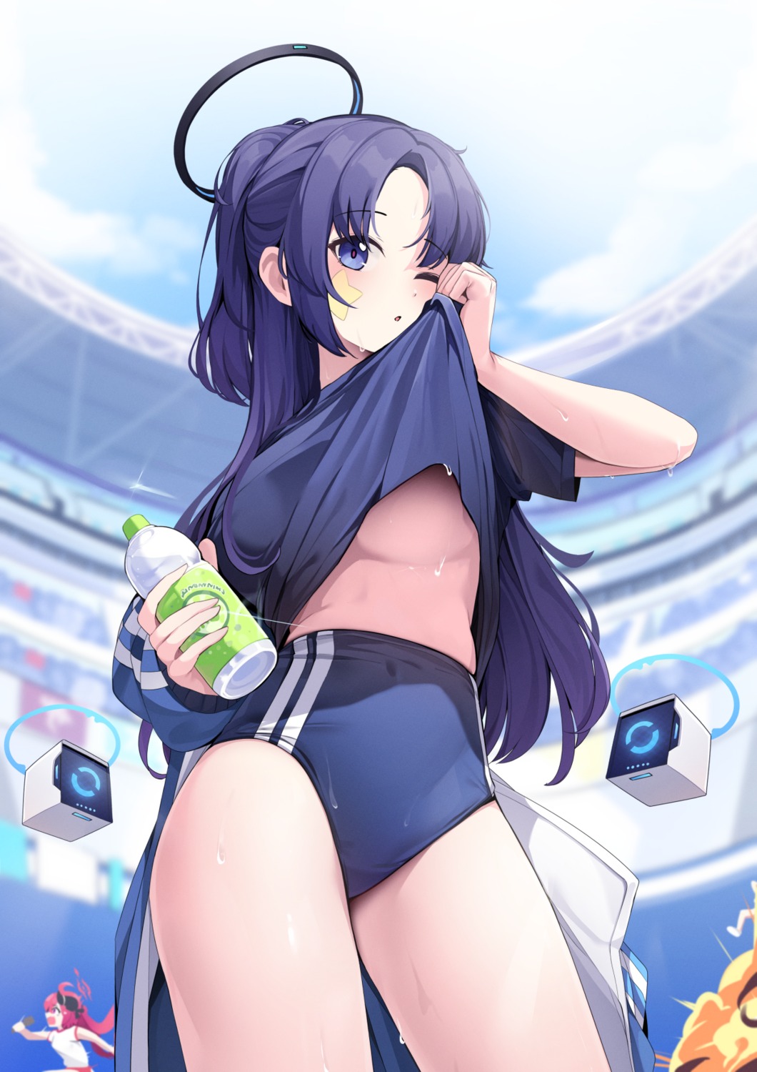 blue_archive buruma ddangbi gym_uniform halo hayase_yuuka shirt_lift tattoo undressing wet