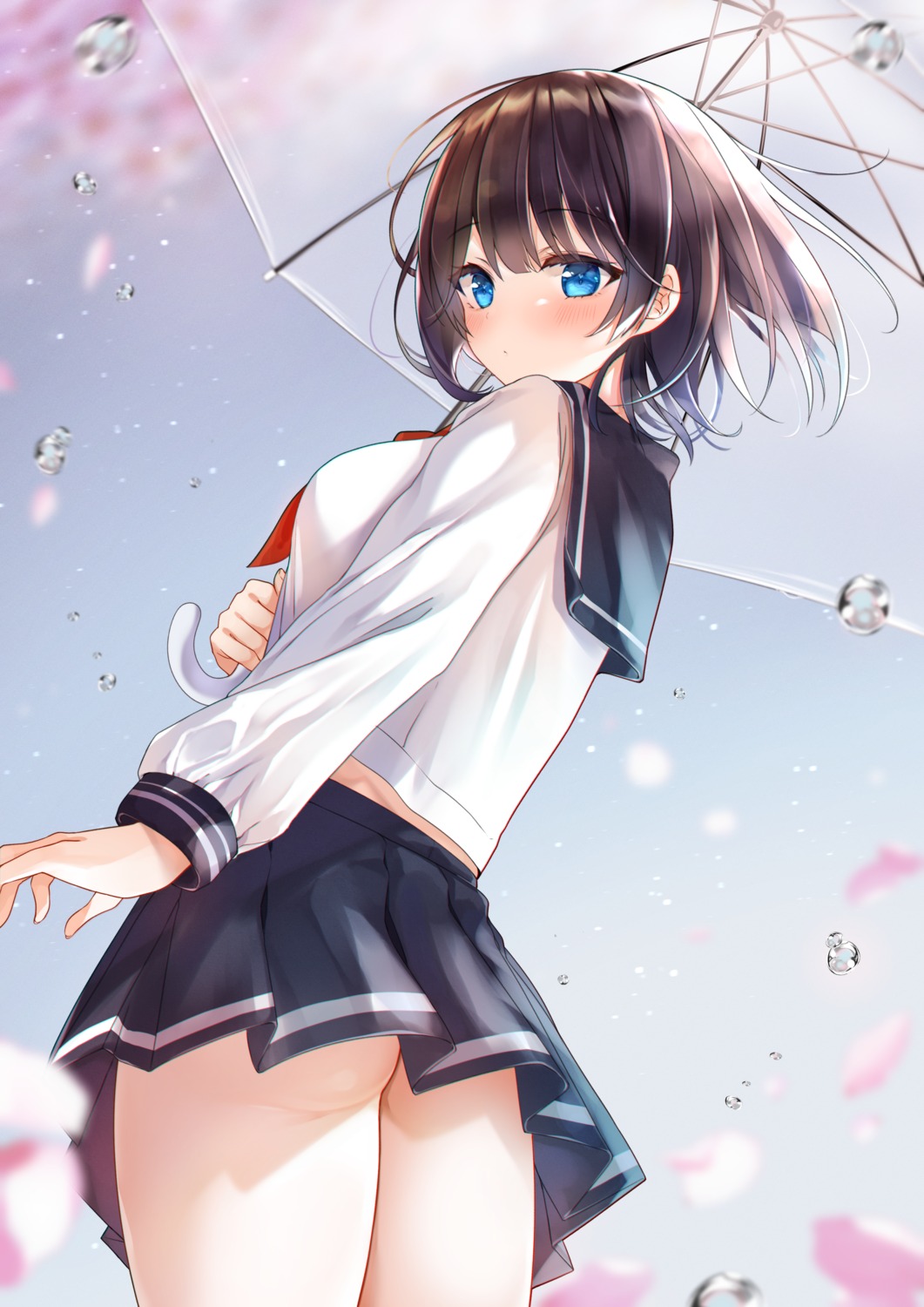 ass neco_meito nopan see_through seifuku skirt_lift umbrella