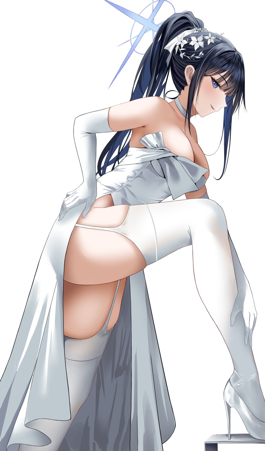 blue_archive dlnk dress halo heels joumae_saori no_bra stockings thighhighs