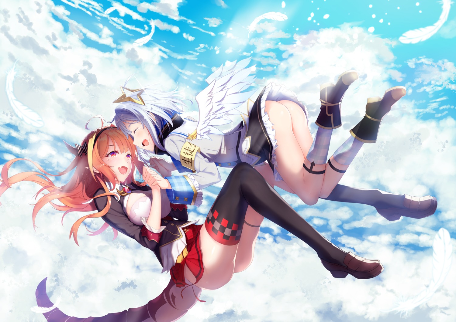 amane_kanata angel ass garter hololive horns kiryuu_coco nopan pointy_ears seifuku sion_owatas skirt_lift tail thighhighs wings yuri