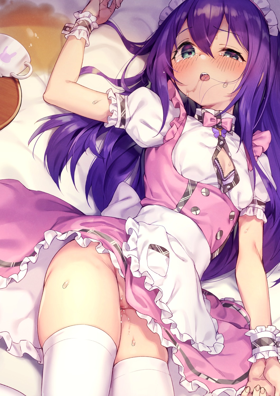 bra cleavage maid mochizuki_anna nopan open_shirt pussy pussy_juice shennai_misha skirt_lift the_idolm@ster the_idolm@ster_million_live! thighhighs