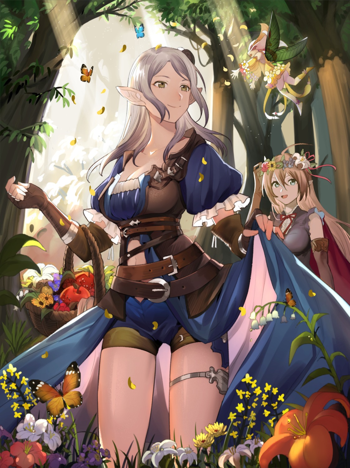 arisa_(shadowverse) cleavage fairy garter pointy_ears shadowverse skirt_lift yijiao