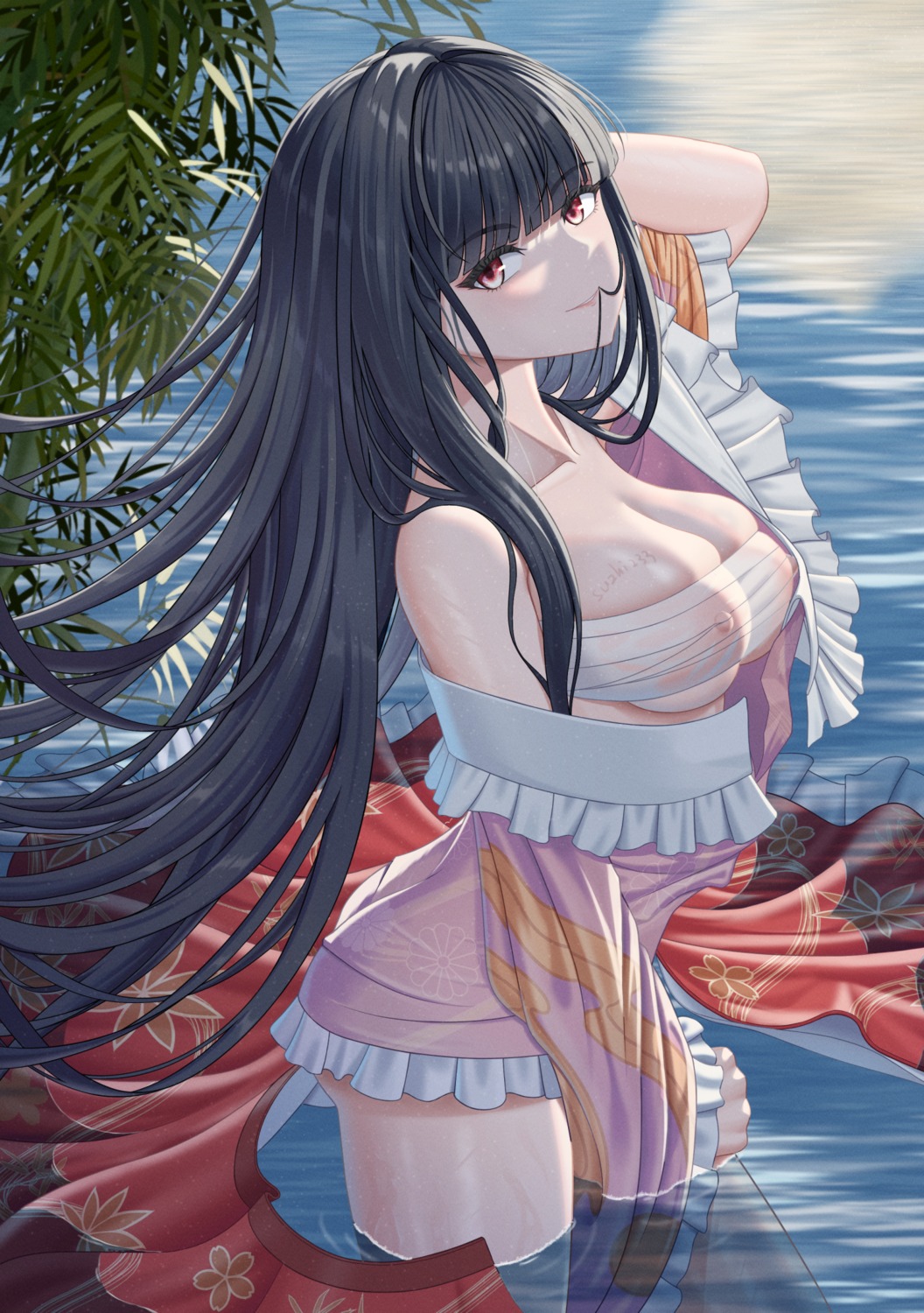 houraisan_kaguya japanese_clothes nipples open_shirt sarashi see_through suzhi2333 touhou wet wet_clothes