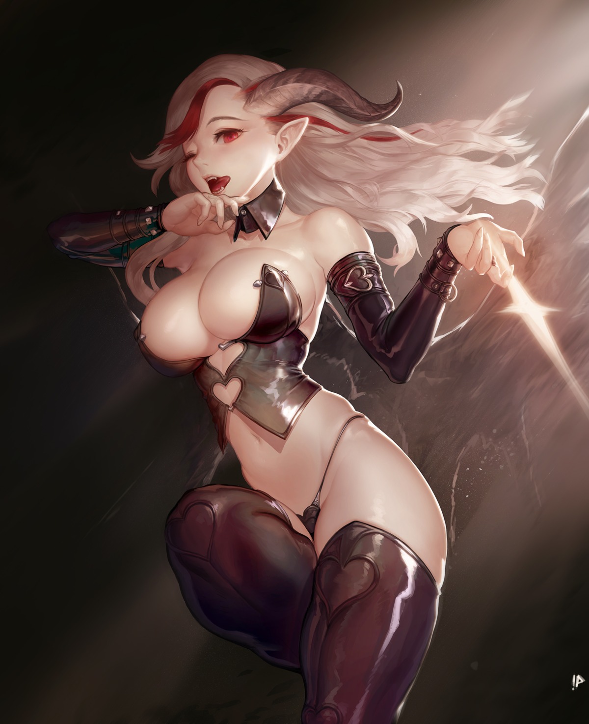 cleavage horns instant_ip no_bra pointy_ears thighhighs thong wings