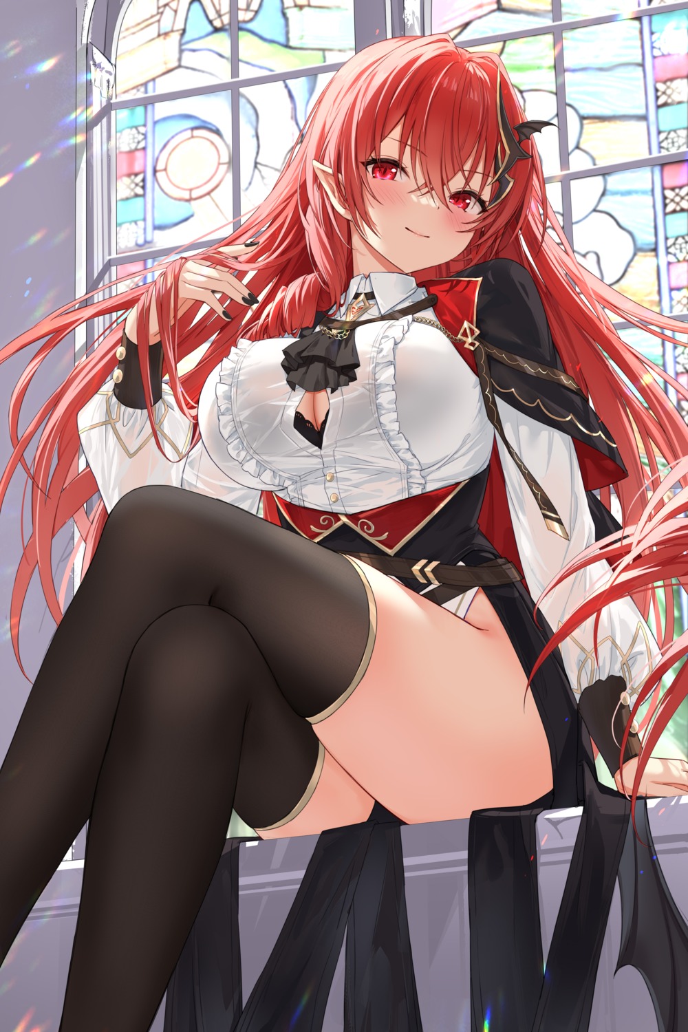 bra devil_heavens long_ge_taki open_shirt pointy_ears provealms see_through skirt_lift thighhighs