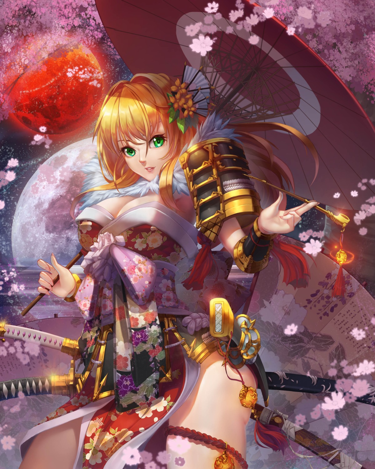 armor cleavage garter jy kimono no_bra sword umbrella