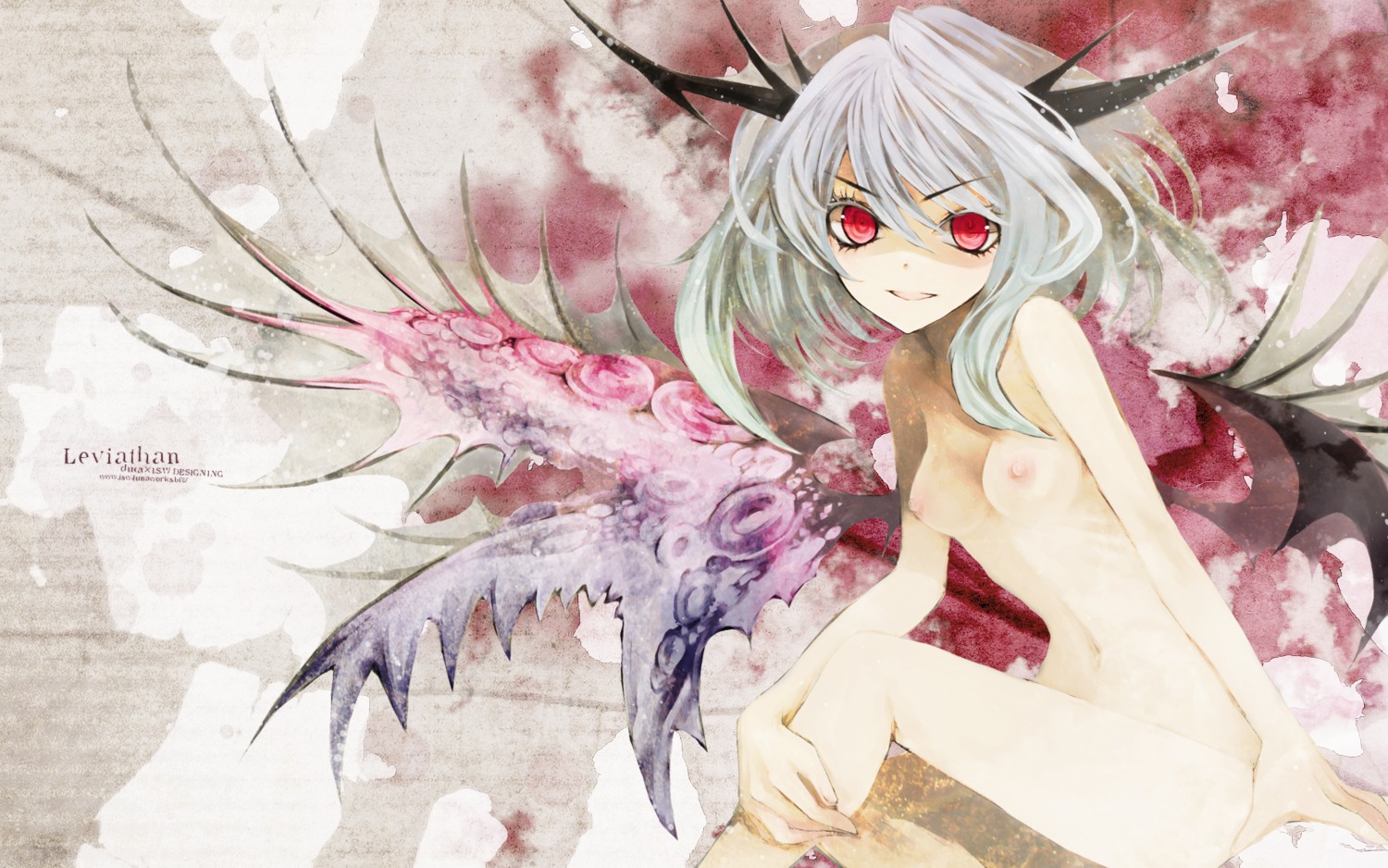 duca hiiragi_ryou horns i.s.w naked nipples wallpaper wings