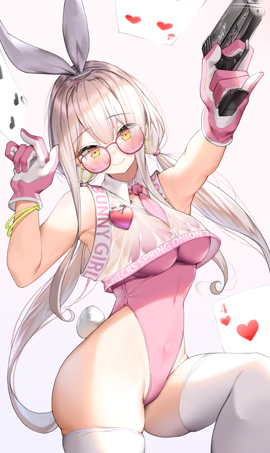 animal_ears bunny_ears bunny_girl dduck_kong gun megane see_through tail thighhighs