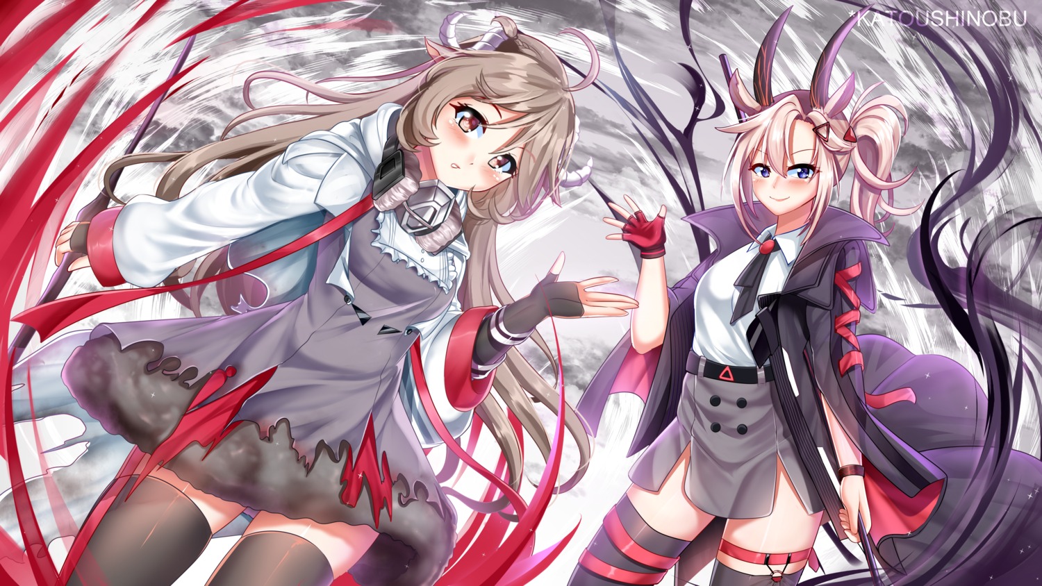 animal_ears arknights dress earthspirit_(arknights) eyjafjalla_(arknights) garter headphones horns katou_shinobu thighhighs torn_clothes wallpaper weapon