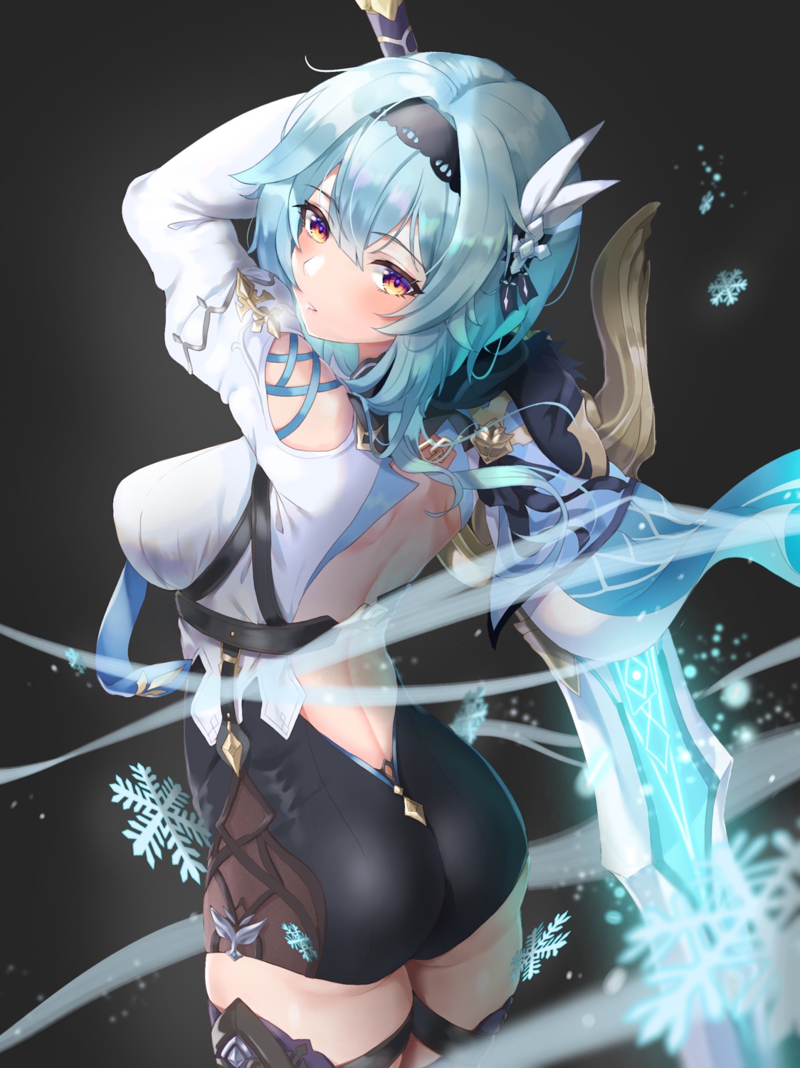 ass eula futon_fly_away garter genshin_impact no_bra sword thighhighs