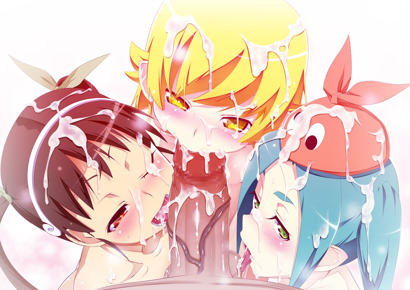 bakemonogatari cum fellatio hachikuji_mayoi loli monogatari_(series) ononoki_yotsugi oshino_shinobu penis tanabe_kyou