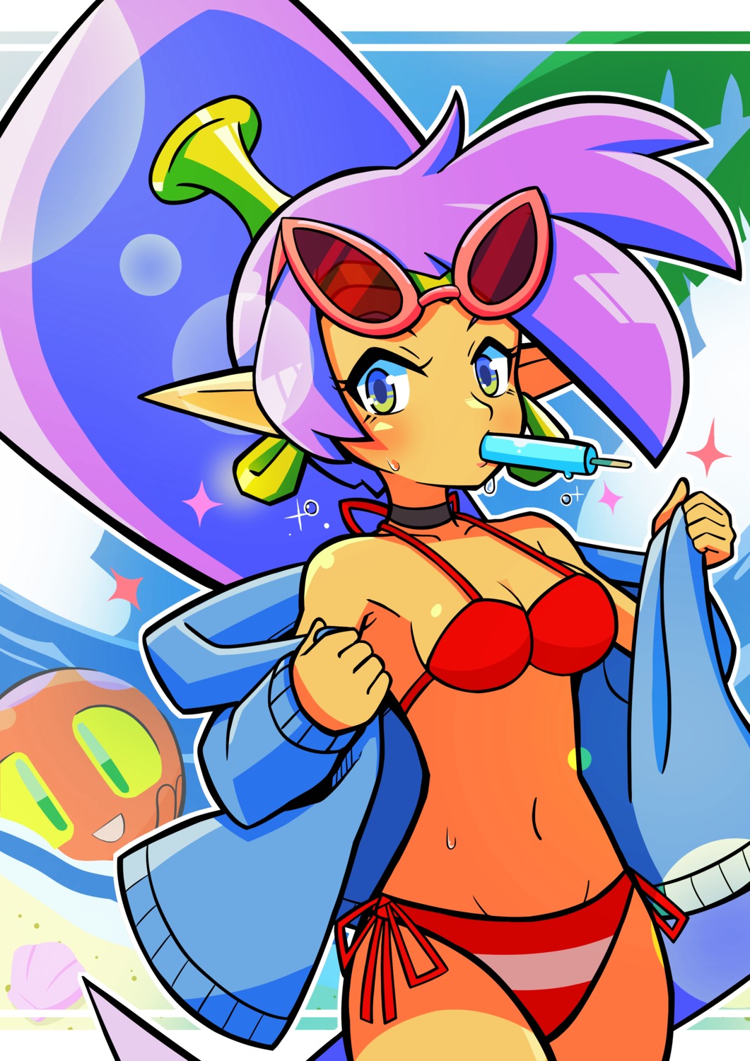 bikini megane open_shirt pointy_ears shantae shantae_(character) swimsuits tagme undressing