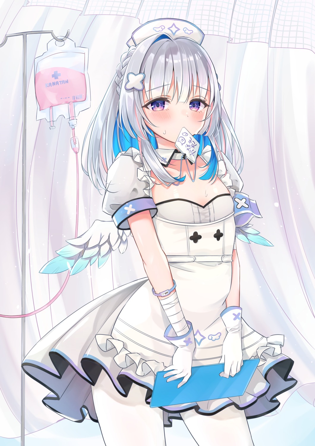 amane_kanata hololive null_illust nurse pantyhose wings