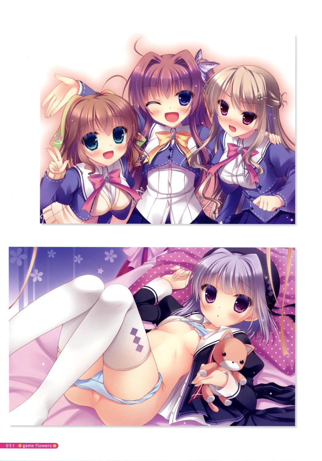 areola azuse_matsuri bra breasts cabbit kimi_e_okuru_sora_no_hana nakajou_an nasuhara_hinagiku nipple_slip nishizono_kanna open_shirt pantsu panty_pull seifuku thighhighs underboob yukie