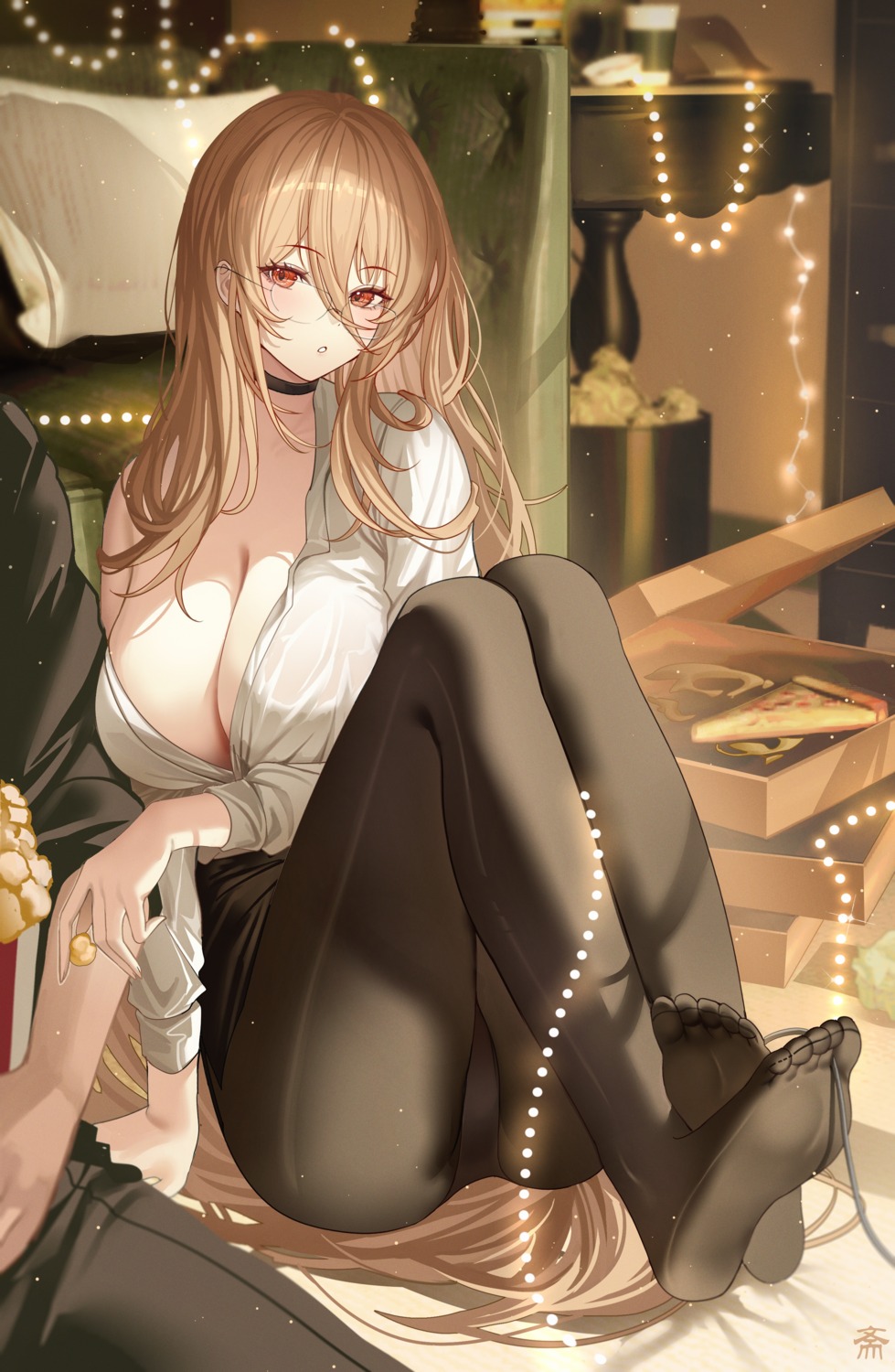 azur_lane dress_shirt feet implacable_(azur_lane) megane no_bra open_shirt pantsu pantyhose see_through skirt_lift tansuan_(ensj3875) wet_clothes