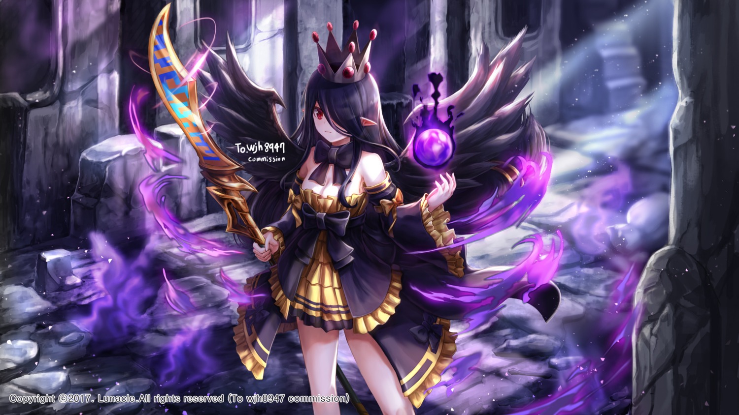 cleavage dungeon_fighter lunacle pointy_ears wallpaper weapon wings