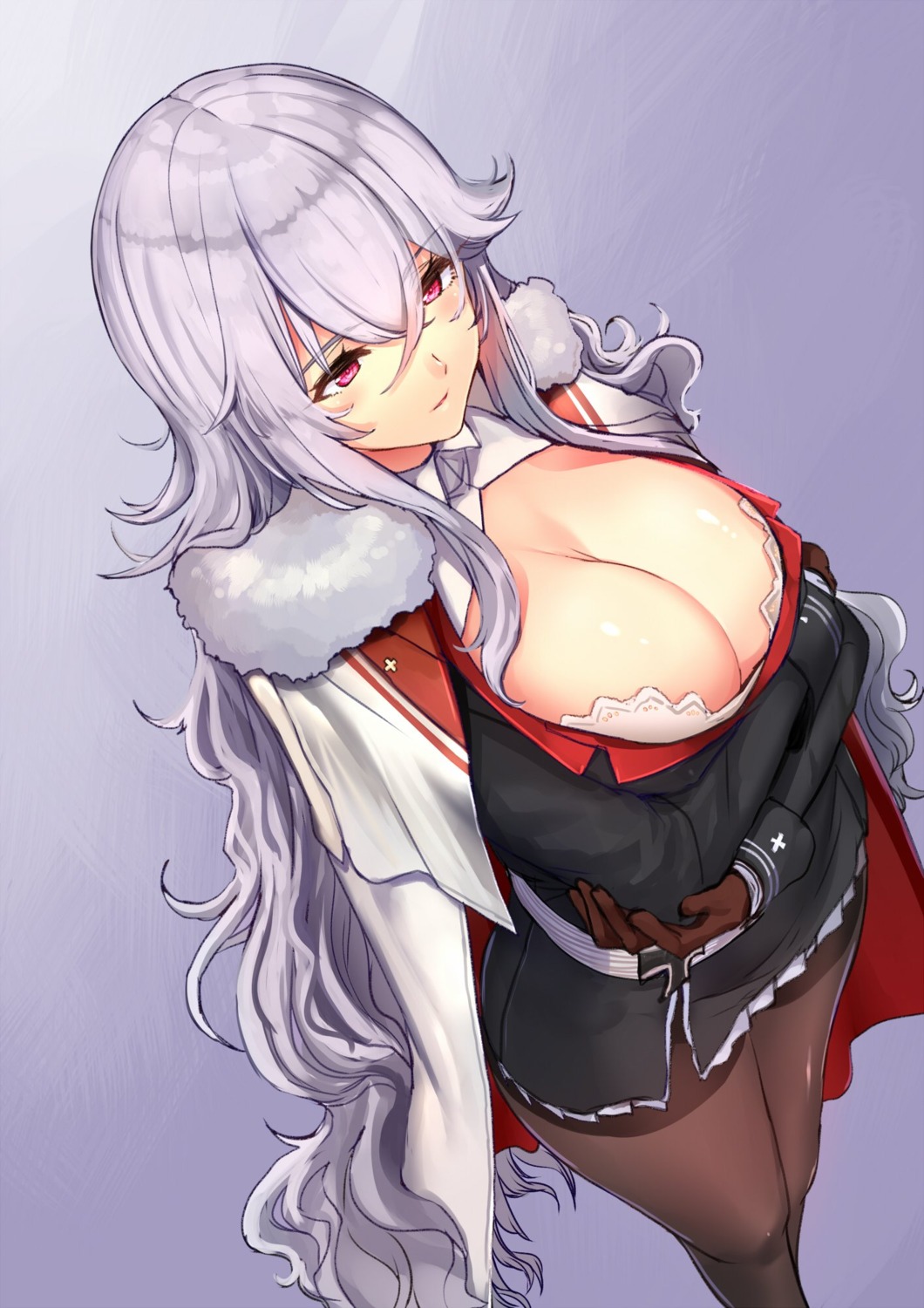 akasa_ai azur_lane breast_hold cleavage graf_zeppelin_(azur_lane) open_shirt pantyhose uniform