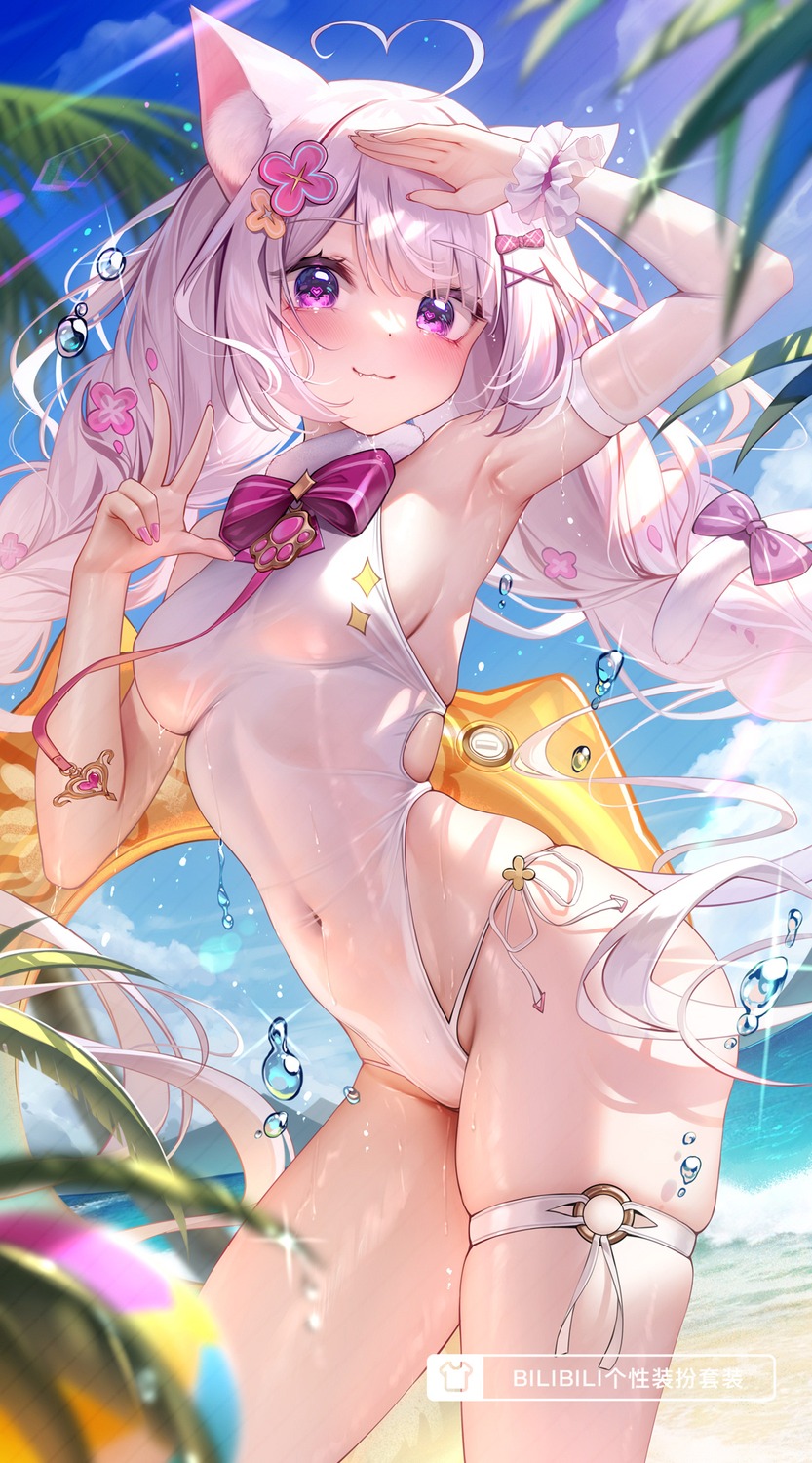 animal_ears garter indie_virtual_youtuber meion nekomimi see_through swimsuits tail wet wet_clothes